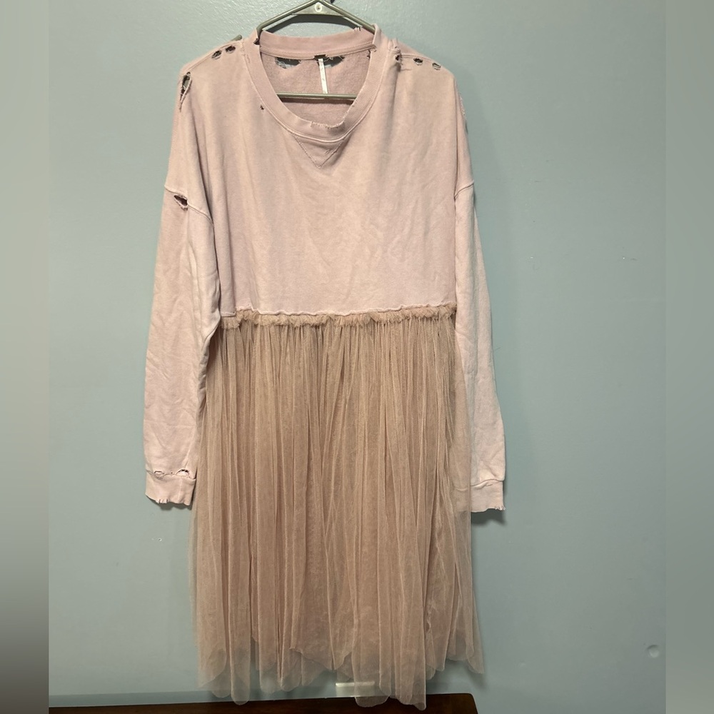 Free people distressed baby pink tulle sweatshirt